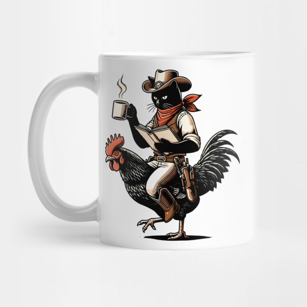 Cat Reading a Book And Drinking Coffee Riding Chicken by VisionDesigner